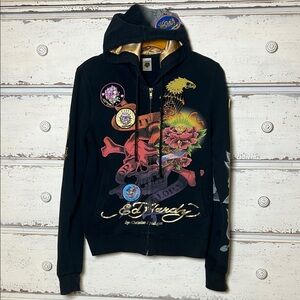Ed Hardy Y2K Zip Hoodie Dragon Skull Satin Hood Women’s M